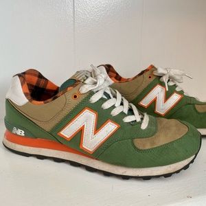 New balance 574 sneakers- mens, green + orange